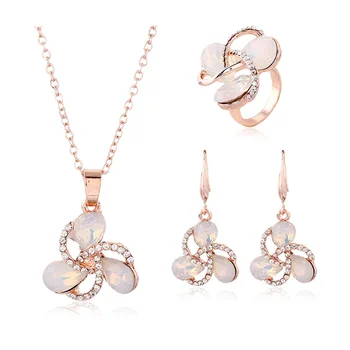 

GU36 women jewelry set alloy zircon crystal drop ring earring necklace three-piece set