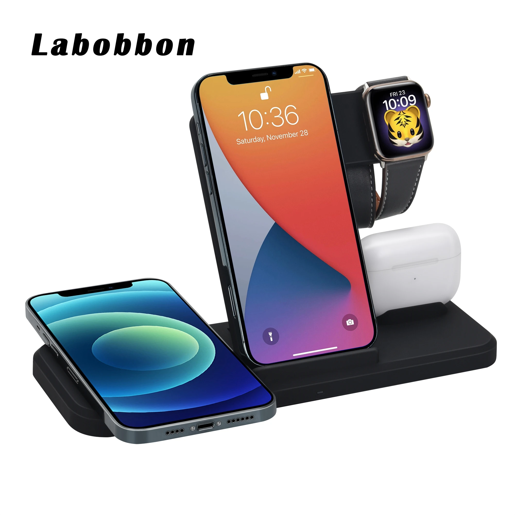Labobbon 15W Qi Fast Wireless Charger Stand For iPhone 12 11 XR X 8 iWatch 4 in 1 Foldable Charging Dock Station for Airpods Pro