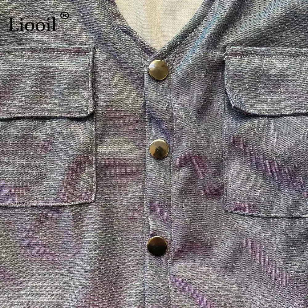 Liooil Серебряный комбинезон, сексуальный блестящий комбинезон для женщин, весна, пуговицы, карманы, вечерние, клубный комбинезон, блестящие комбинезоны, шорты