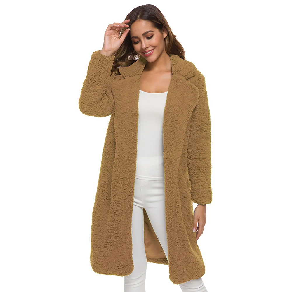 Шерстяное пальто для женщин осень зима средней длины теплое бархатное пальто из овечьей шерсти Офисная Женская Повседневная модная одежда кардиган с длинными рукавами женский