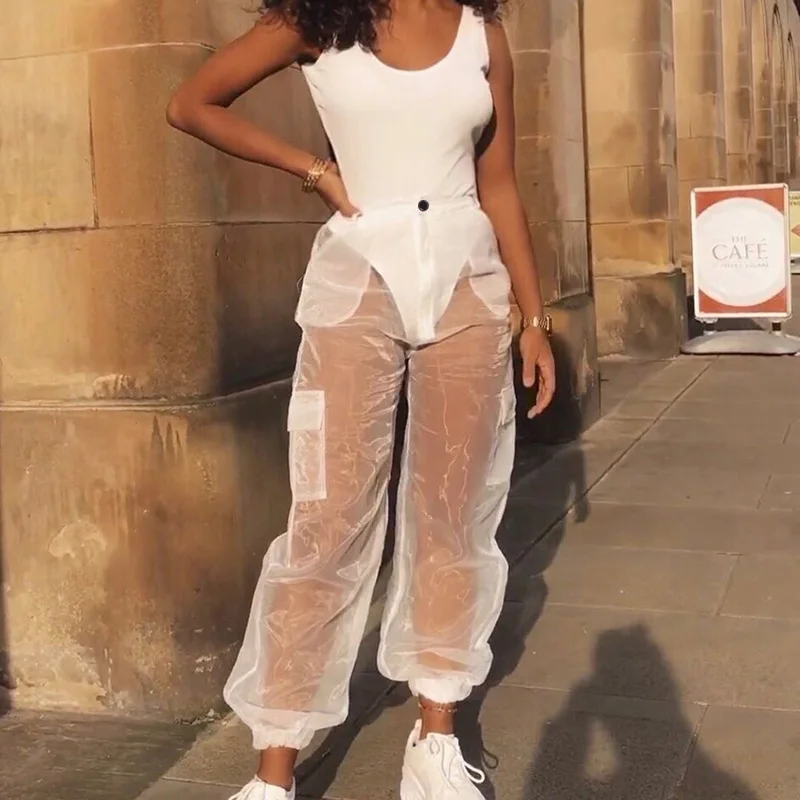 

Sexy Mesh Pant Ladies See Through High Street Trousers Ladies Summer Cargo Pants Women Pocket Loose Transparent Black White New