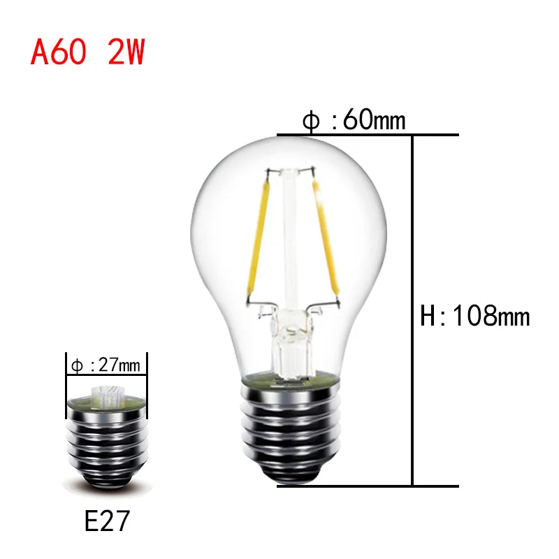 E27 светодиодный светильник лампа A60 2 Вт 4 Вт 6 Вт 8 Вт стеклянная лампа с нитью накаливания 5 Вт 7 Вт 9 Вт 12 Вт 15 Вт 18 Вт 220 В PC теплая белая винтажная лампа Эдисона - Испускаемый цвет: A60 2w 220v