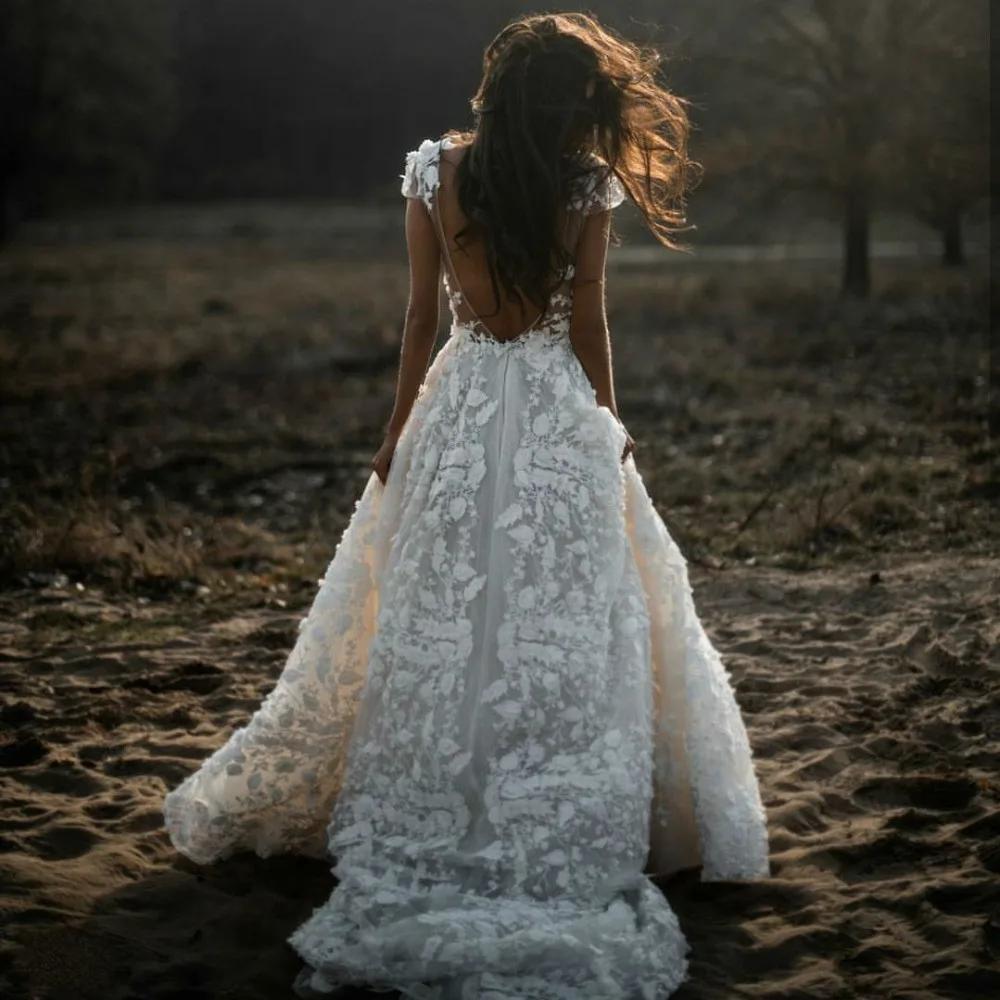 MYYBLE сексуальное богемное свадебное платье, короткие рукава, глубокий v-образный вырез, 3d Цветочная аппликация, свадебные платья с открытой спиной, Vestido De Noiva Lorie