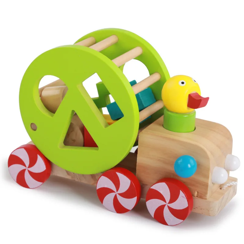 

Wooden Little Duck Shape Trailer Children Shape Matching Educational Toy