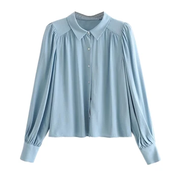 

Women Stylish Blue Basic Loose Blouse Long Sleeve Pleated Design Casual Chic Tops FFZSY524
