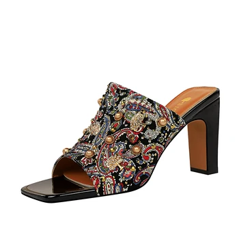 

Slippers Women Summer 8.5CM Heels Height Size34-40 Fashion Solid Black Ladies Silppers Outside Peep Toe White Women Shoes Ladies