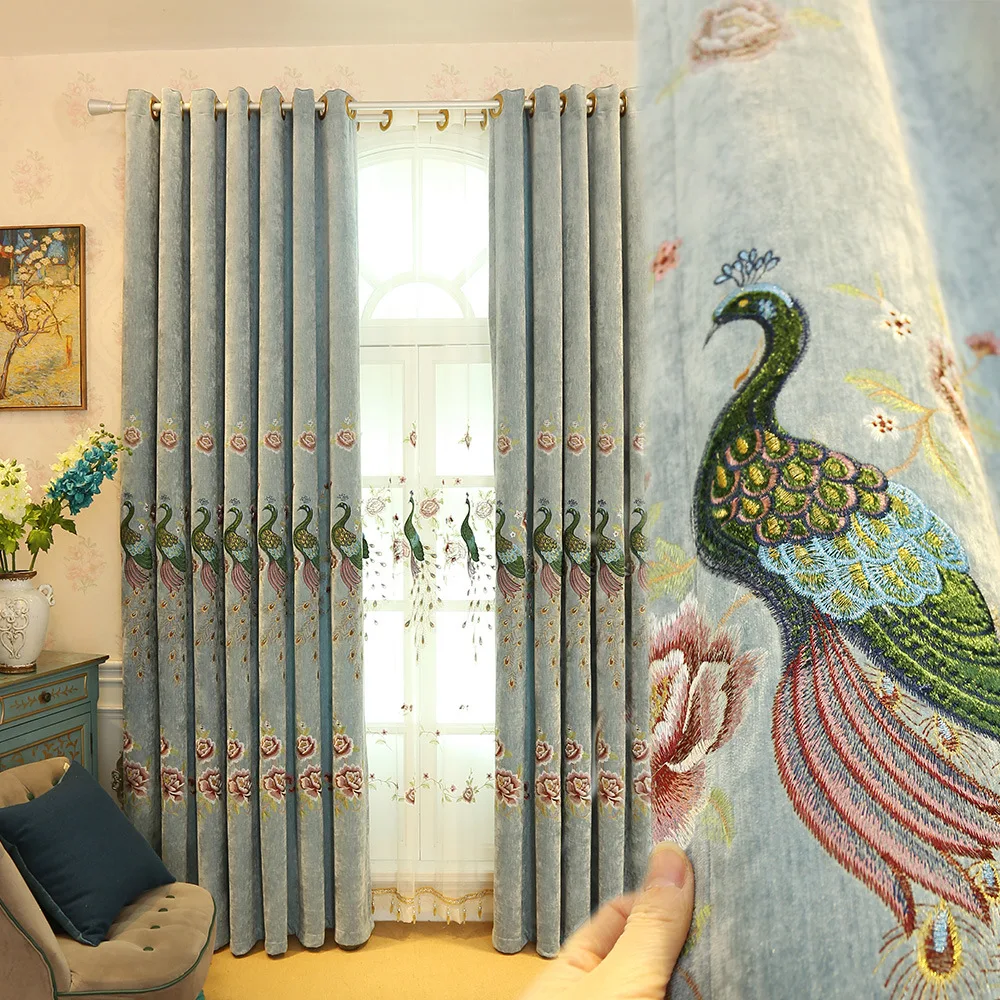 

European luxury villa peacock embroidered blackout curtains for bedroom high quality blue elegant curtains for Living Room hotel