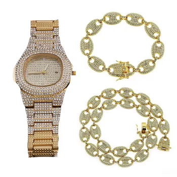 

Hip Hop Necklace+Watch+Bracelet 3pcs Kit Miami Curb Cuban Chain Gold Full Iced Out Paved Rhinestone Bling Jewelry For Men Gift