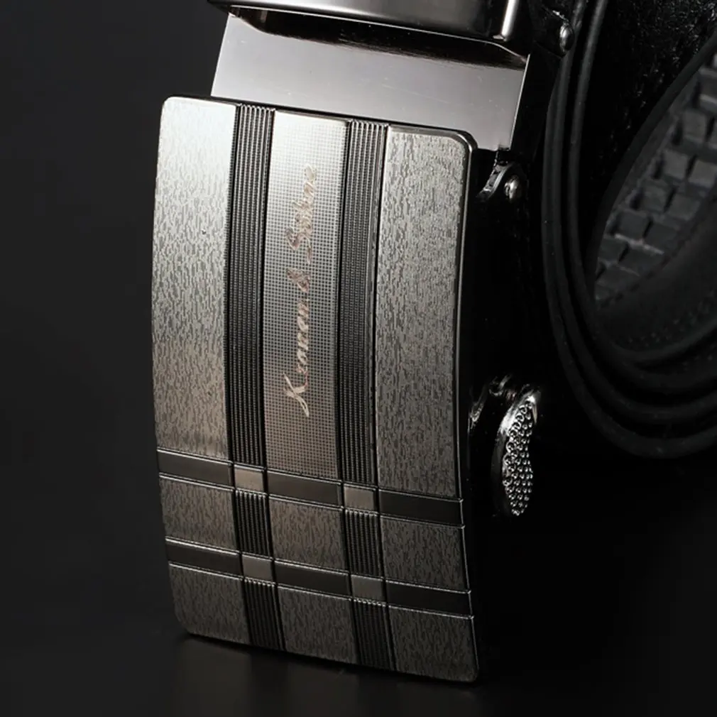 Business Classic Black Silver Tone Strap Men Gent Dress Genuine Real Leather Waist Belt Auto Lock Adjustable Steel Buckle /KB053