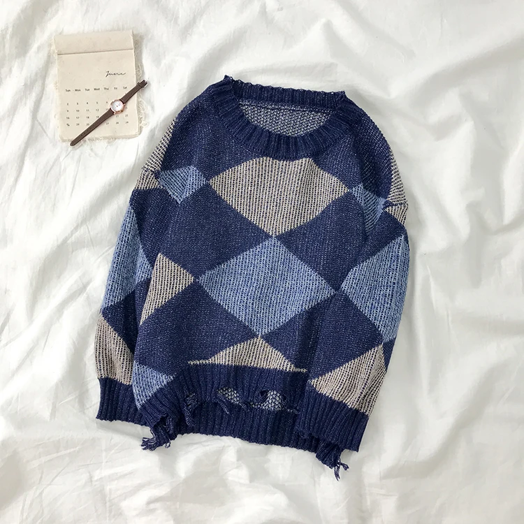 Navy Blue GCAROL, Рождественская серия, клетчатый винтажный свитер, большой размер, рваные, дизайн, зимний мешковатый джемпер с заниженным плечом, Джерси в клетку - Цвет: Navy Blue