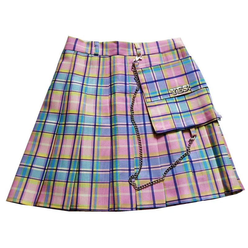 Плиссированная юбка размера плюс в японском стиле Харадзюку каваи панк, разноцветная, розовая, в клетку, уличная мини-юбка с высокой талией