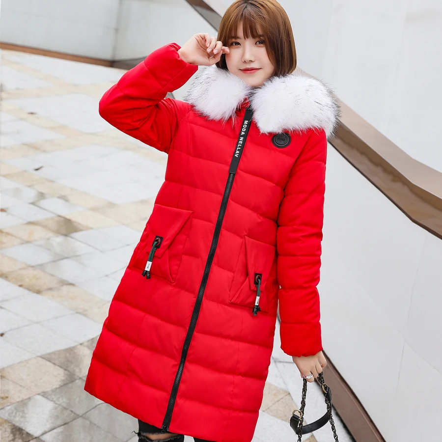 Зимнее пальто женский меховой воротник с капюшоном хлопковые ватные утепленные куртки зимние пальто женская верхняя одежда Большие размеры женская одежда - Цвет: Red