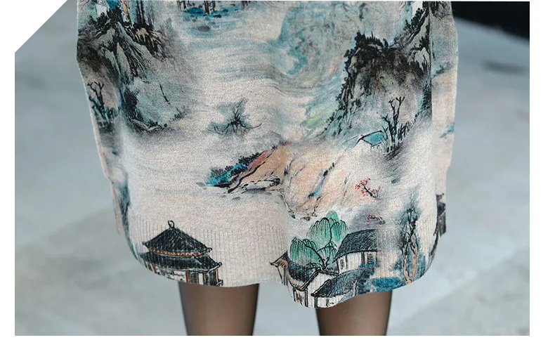 XJXKS High-end digital printing women knitted dress autumn winter new wool long sweater women turtleneck pullover