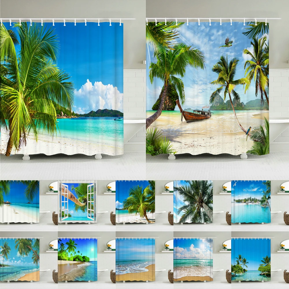 

Sunny Seaside Scenery Bathroom Curtains Sea Ocean Beach Palm Trees Waterproof Fabric Shower Curtain Decoration with Hooks