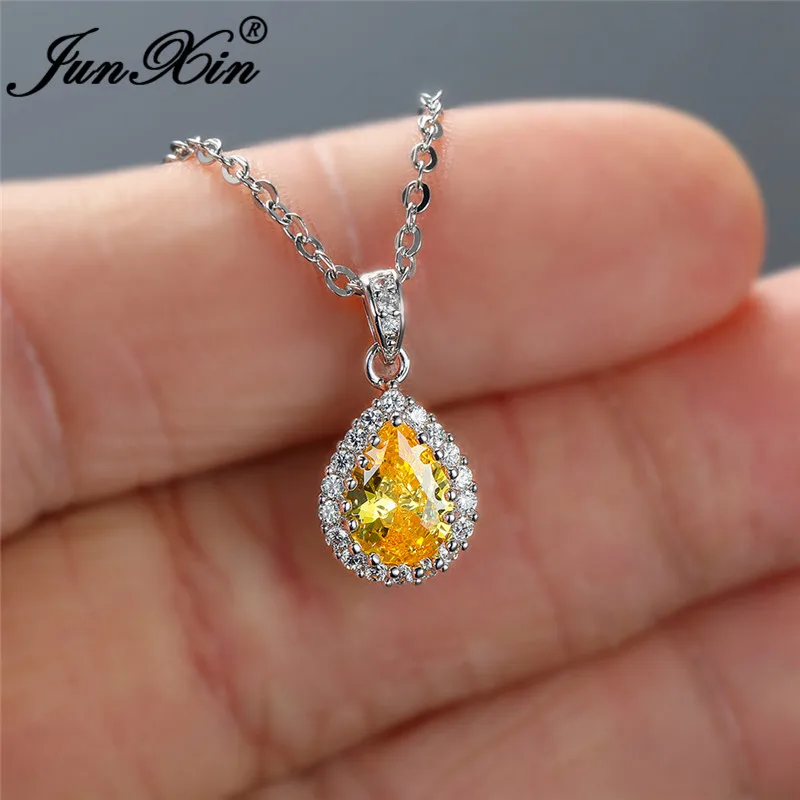 Multicolor Crystal Water Drop Stone Pendant Green Red Blue Zircon Necklaces For Women White Gold Colorful Pear Cz Wedding Choker