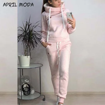 

2020 Women Clothing In Autumn Winter New Fleece Fashion Leisure Sports Suit Hooded Sweater Sportswear Women's Two-Piece Set