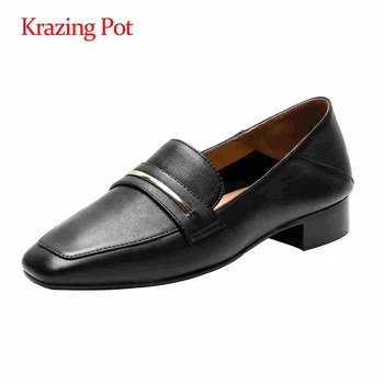 

Krazing Pot simple style genuine leather metal decorations square toe thick med heel slip on elegant lady mature women pumps L06