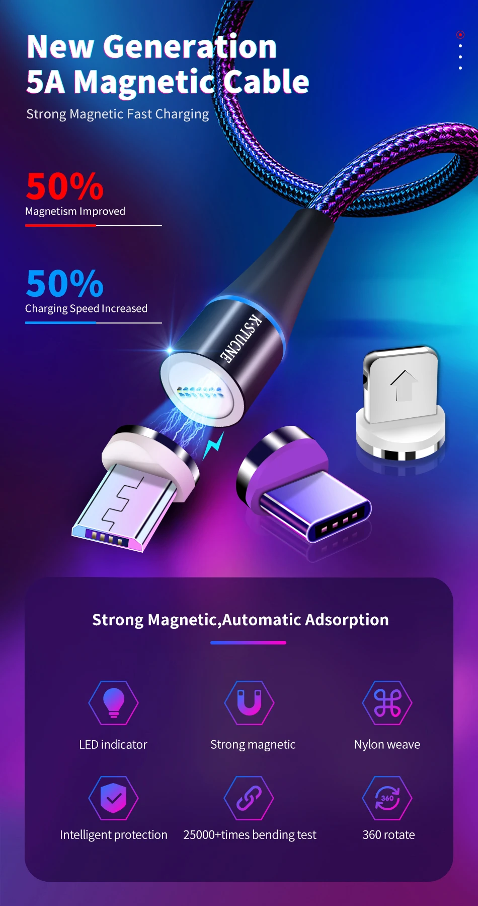 Câble Magnétique 1m Chargeur Aimanté 3 En 1 Charge Rapide Cable En Nylon Tressé Ultra Solide