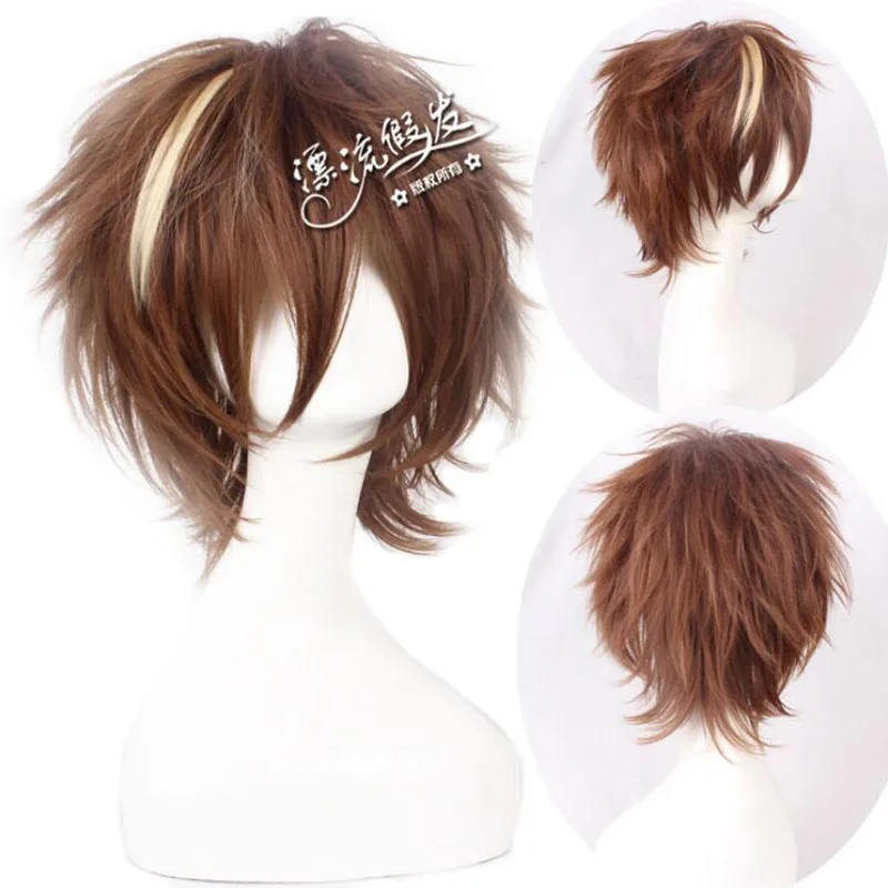 

Anime Guilty Crown Shu Ouma Cosplay Wig Brown Mix Short Heat Resistant Synthetic Hair Wigs + Wig Cap
