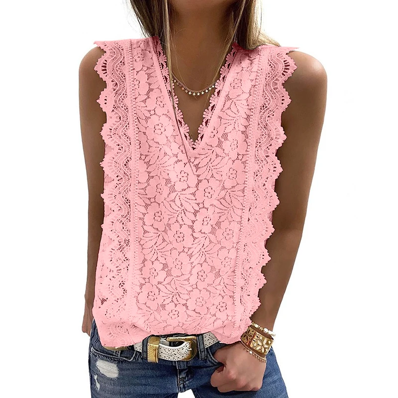 Women Vneck Lace T Shirt 2021 New Summer Fashion Sexy Sleeveless Solid Shirt Hollow Party Shirt