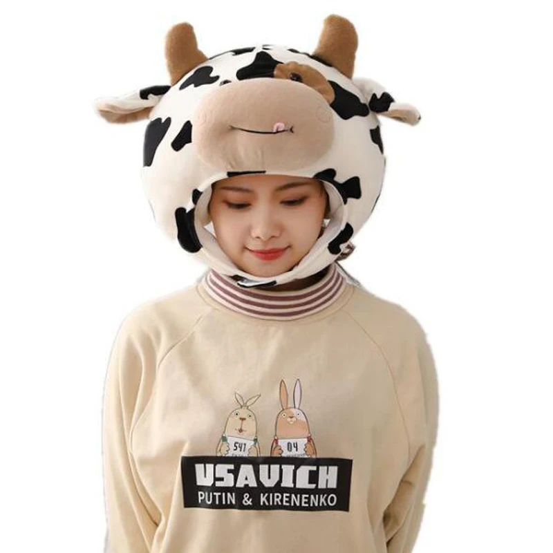 Soft spot cow hood hat plush hat toy children birthday stuffed gift hot sale new cartoon avocado hood hat plush toy doll can give children a surprise gift hat