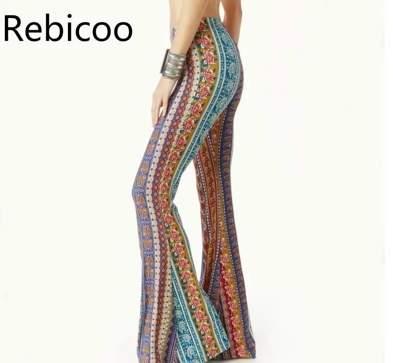 

2019 New Hot Sale Boho Vintage Pants Bell Bottom Wide Leg Pants Trousers Stretch Flare Boho Rose Printed Pants