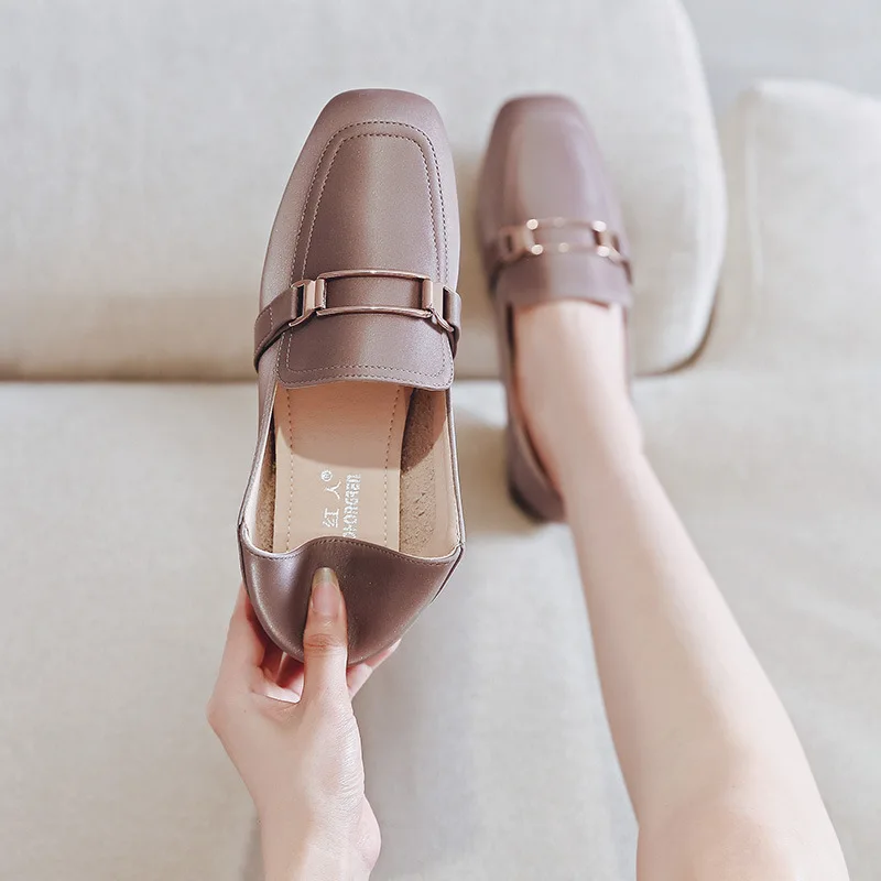 

W Red Man Double Purpose Shoes Women's 2019 Summer Chunky-Heel Versatile England Small Leather Shoes Square Head Students Slip-o