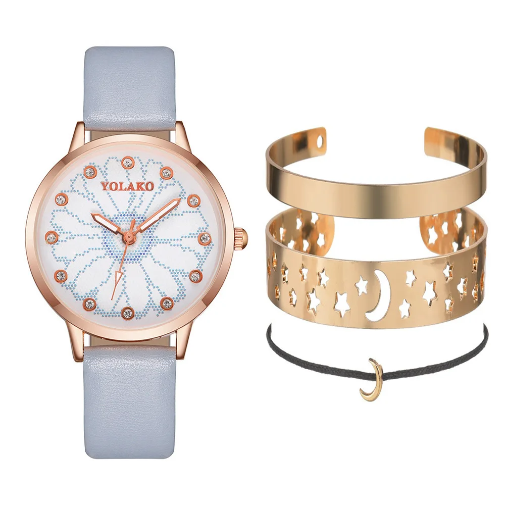 

Flower Rhinestone Watch + Moon Star Bangle Jewelry Set 4pcs Luxury Bracelet Watch Women PU Leather Belt Wrist Watches For Women