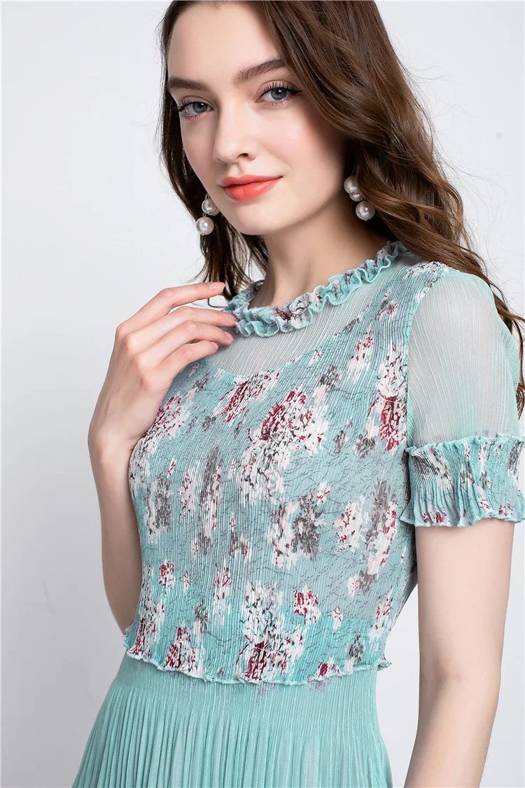 Mesh Patchwork Print Dress Pleated Short Sleeves Knee-Length O-Neck Women Dresses Autumn Plus Size Floral Elegant Dress