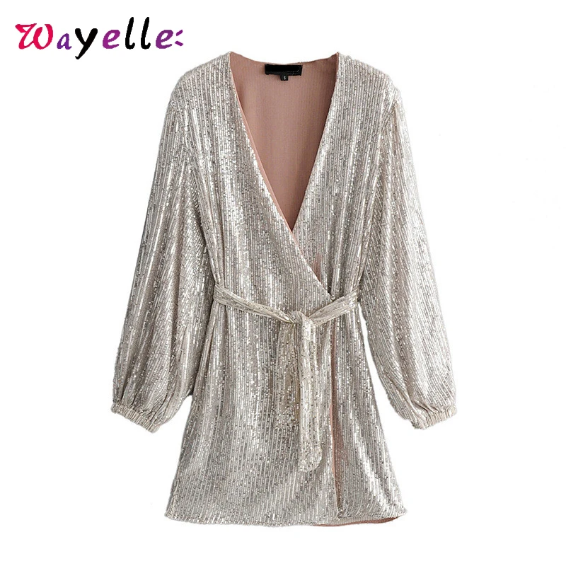 Расшитые блестками платья с v-образным вырезом и длинным рукавом сексуальное