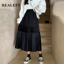 REALEFT осенне-зимние черные бархатные гофрированные длинные юбки с высокой талией в Корейском стиле, Свободные повседневные женские юбки до середины икры