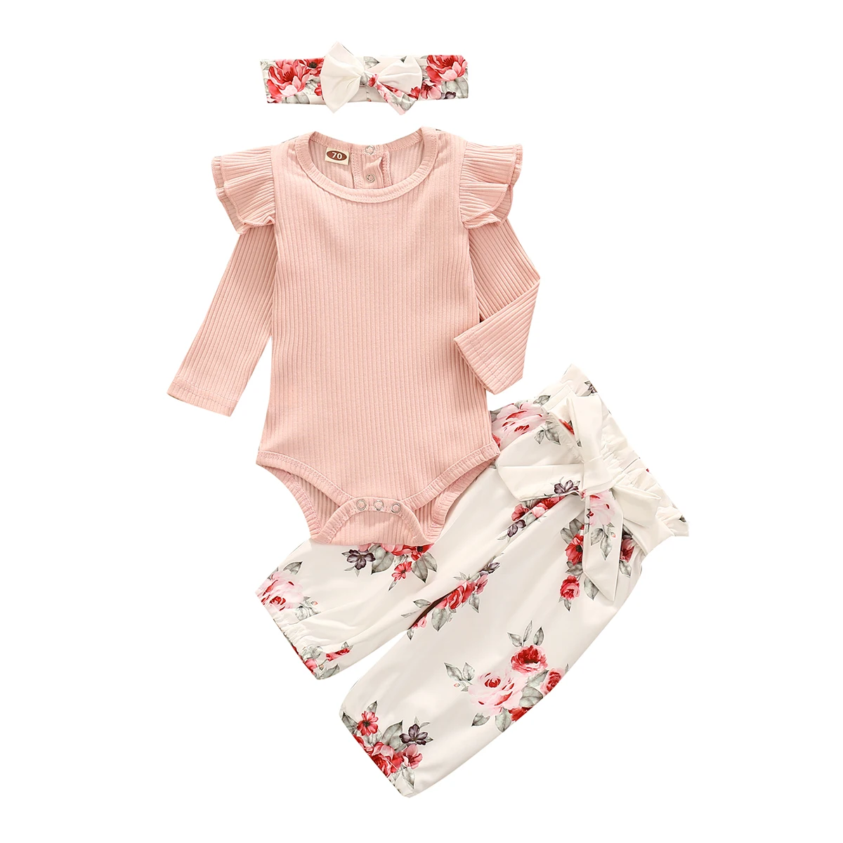 

3Pcs Autumn Casual Suit Clothing 0-24M Infant Newborn Toddler Baby Girls Set Classical Solid Romper Top + Floral Pants +Headband