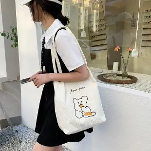 

Women Cute Cartoon Bear Corduroy Bag Lovely Soft Canvas Shoulder Bag Female Embroidery Handbag Eco Cotton Large Shopper Bag 2021