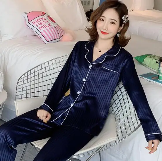 Fdfklak Женская одежда для сна, пижамный комплект, модная полосатая Пижама, женская ночная одежда с длинными рукавами, женская пижама, большой размер, домашний костюм - Цвет: blue