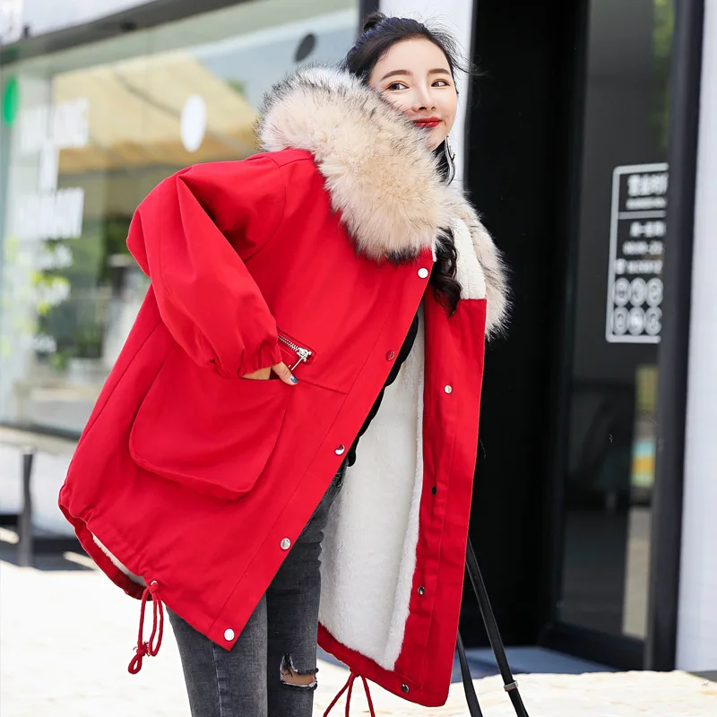 

2019 Winter New Style Korean-style Loose-Fit Large Fur Collar Candy-Colored Cotton-padded Clothes Thick Jeans Coat Women's