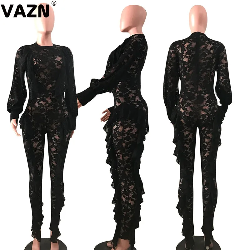 VAZN GYD18042 шикарный дизайн летний сексуальный женский черный кружевной комбинезон с оборками, полный рукав, на молнии, обтягивающий комбинезон, сексуальный комбинезон