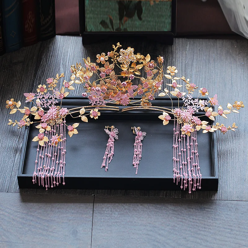 JaneVini Роскошные китайские свадебные украшения Головные уборы розовые длинные кисточки палочки для волос золотые шпильки листья бисером свадебные аксессуары для волос