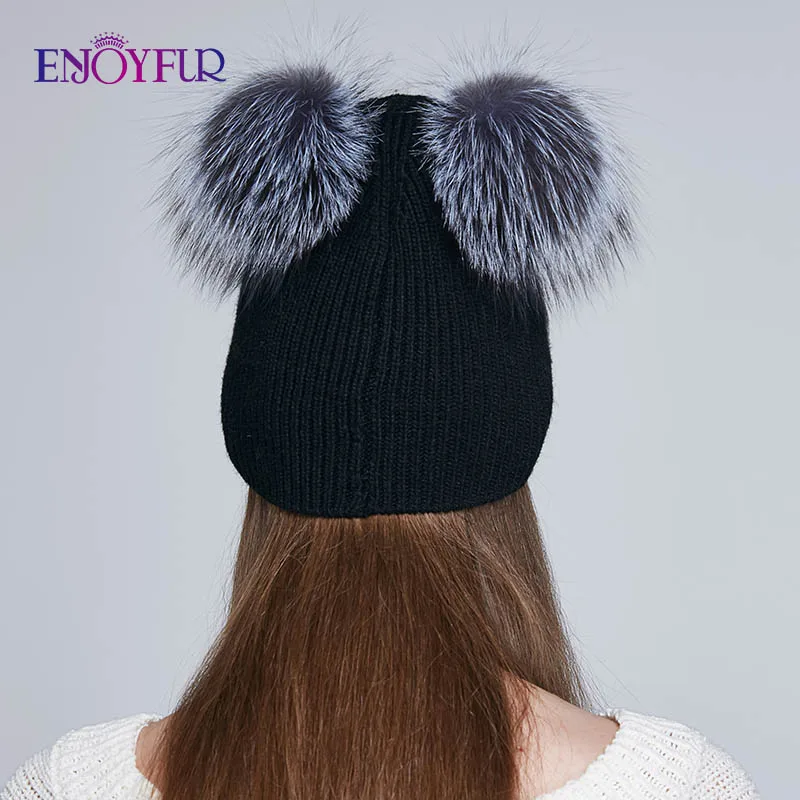 Женские шапки с двумя помпонами ENJOYFUR, мягкие теплые шапки с помпонами из натурального меха, для зимы
