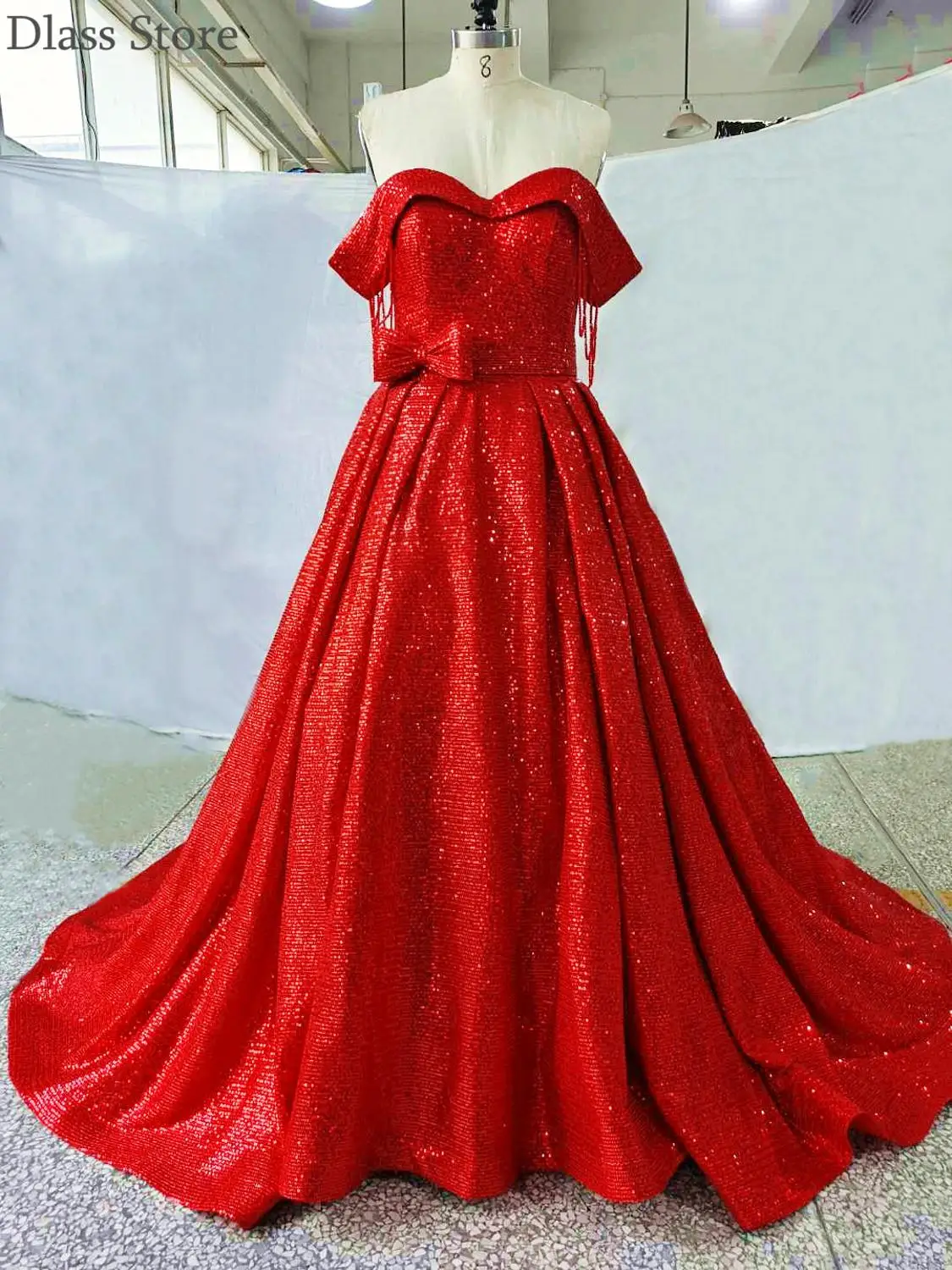 

2020 Popular Prom Dress Bright Red Sequin A-line Sweep Train Real Pictures Off Shoulder For Wedding Evening Dress ÙØ³Ø§ØªÙŠÙ† Ø§Ù„Ø³Ù‡Ø±Ø©
