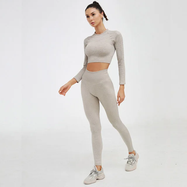 Khaki set 2 шт., бесшовный комплект для йоги, женский укороченный Топ с длинным рукавом, высокая талия, контроль живота, спортивные Леггинсы, одежда для спортзала, тренировки, женский спортивный костюм - Цвет: Khaki set