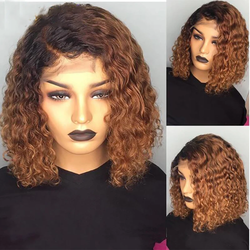 1B/27 Ombre Color Short Curly Lace Front Human Hair Wigs With Baby Hair Pre Plucked Remy Brazilian Lace Bob Wigs Bleached Knots