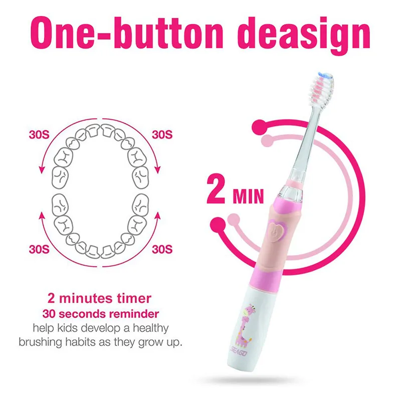 Seago Kid's Sonic Electric Toothbrush Battery Powered Colorful LED Smart Timer Tooth Brush Replaceable Dupont Brush Heads SG EK6
