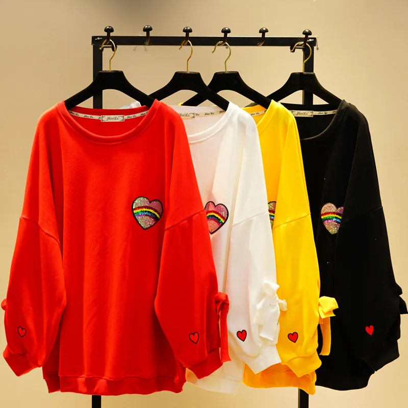 

Spring Autumn Oversize Hoodies Women New Korean Loose Pullover Lantern Sleeve Sweatshirt O Neck Love Embroidery Bat Top Coat