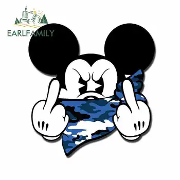 

EARLFAMILY 13cm x 12.2cm For Mickey Mouse Middle Finger Blue Funny Car Sticker Waterproof Suitable For VAN RV SUV Vinyl Material