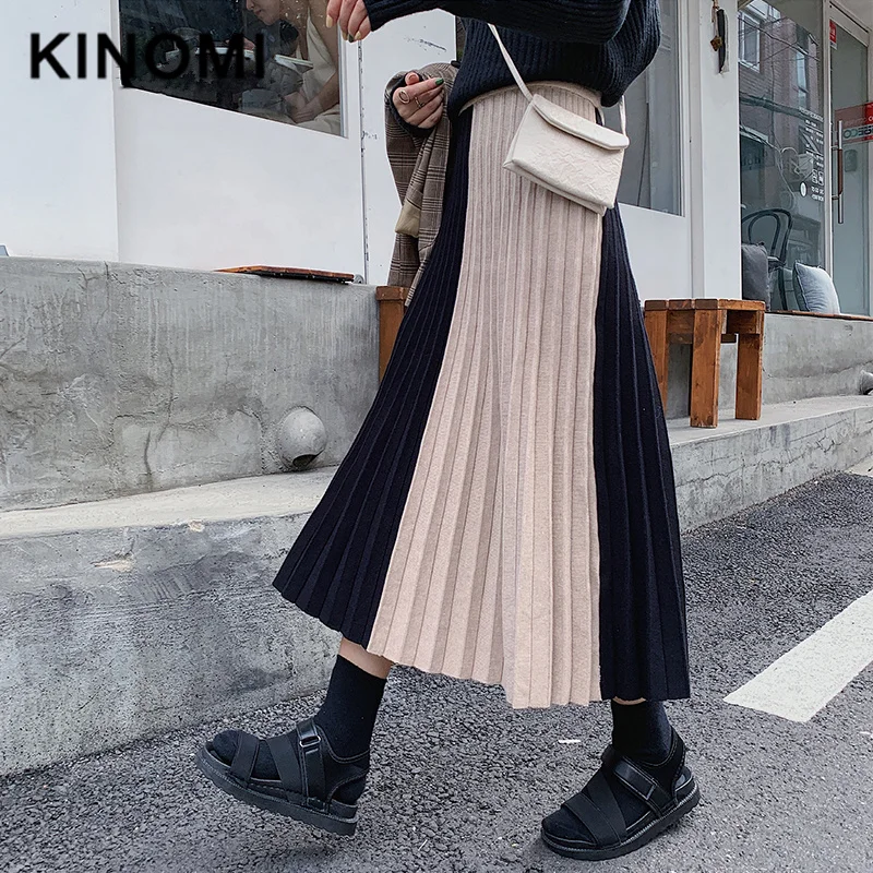 KINOMI, зимняя женская вязаная плиссированная длинная юбка, цветная Лоскутная юбка с высокой талией, Harajuku, Тюлевая трапециевидная юбка до середины икры, женские юбки, новинка