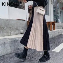 KINOMI, зимняя женская вязаная плиссированная длинная юбка, цветная Лоскутная юбка с высокой талией, Harajuku, Тюлевая трапециевидная юбка до середины икры, женские юбки, новинка