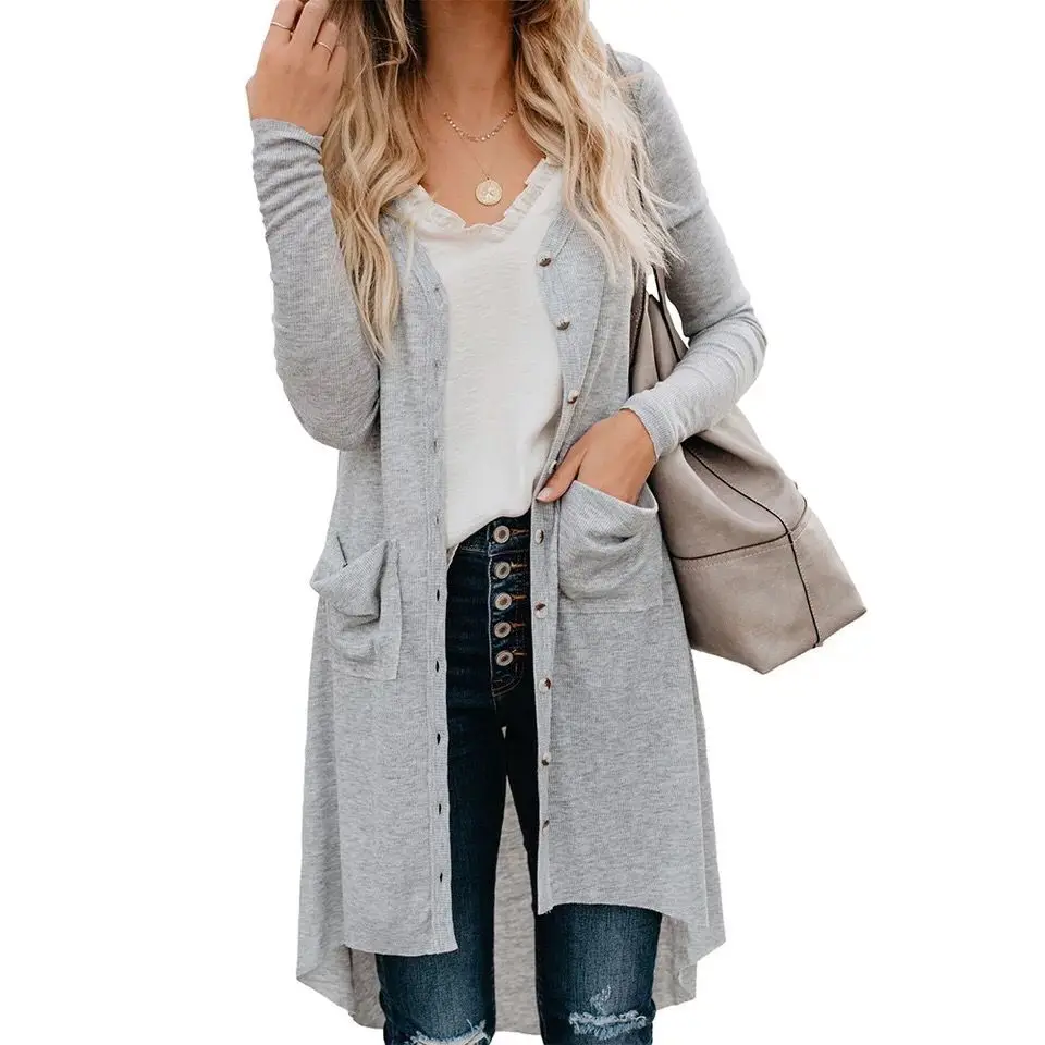 Серый Женский весенний и осенний Повседневный Вязаный Кардиган с длинным рукавом и пуговицами - Цвет: Серый
