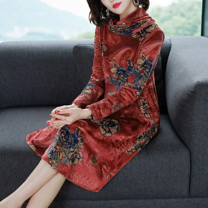

2019 Autumn New Style Elegant Elegant Large Size High Collar Long Sleeve Mid-length Slimming Waist Hugging Retro Chiffon Dress W