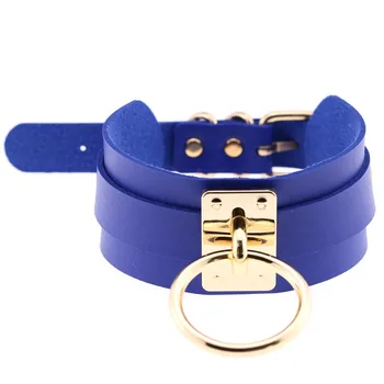 

Royal Blue Gothic Men Women Unisex Faux Leather Choker Punk Necklace Jewelry Gold Color Big Circle