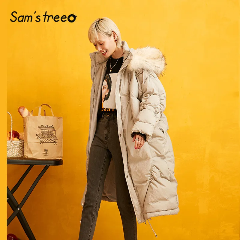 SAM'S TREE серый чистый шнурок прямой теплый пуховик для женщин зима молния мех оверсайз Офисная Женская парка верхняя одежда